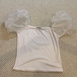 white shirt with mesh puff sleeves